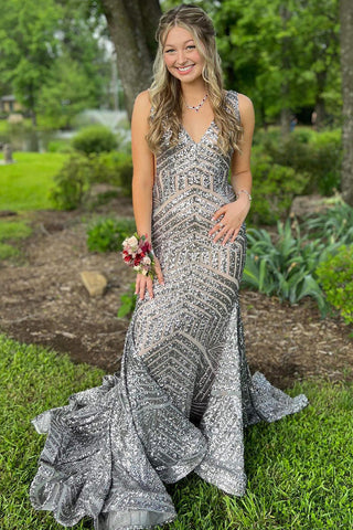 Mermaid Deep V Neck Orange Sequins Long Prom Dress with Open Back