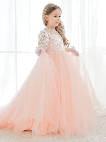 A-line Long Sleeves Lace Tulle Flower Girl Dresses Pink (2003227575)
