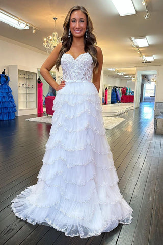 Princess A Line Spaghetti Straps White Corset Prom Dress with Appliques Ruffles