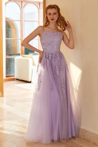 Charming A Line Spaghetti Straps Light Purple Long Prom Dress with Appliques