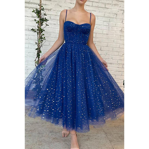Vestido de fiesta de tul brillante con tirantes finos y estrellas, con bolsillos 
