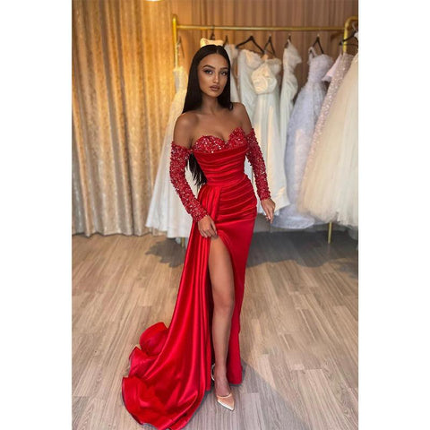 Vestido formal de fiesta largo con mangas largas y lentejuelas y escote en forma de corazón