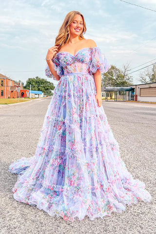 Gorgeous A Line Off the Shoulder Pink Floral Printed Corset Prom Dress with Sweep Train
