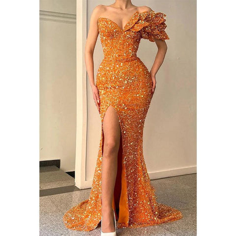 Vestido de fiesta sexy con escote en V, lentejuelas y abertura alta y brillante