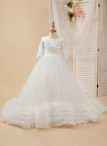 A-line Satin Tulle Court Train White First Communion Flower Girl Dress