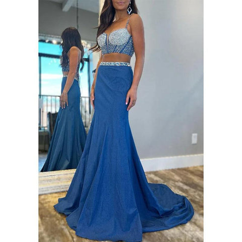 Vestido de fiesta de graduación de dos piezas con tirantes finos y cola, con cuentas 