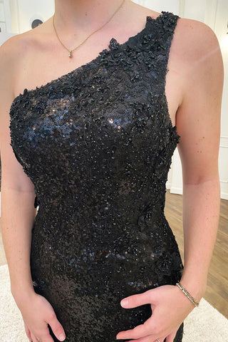 Robe de bal longue sirène asymétrique noire à sequins et fente sur le devant
