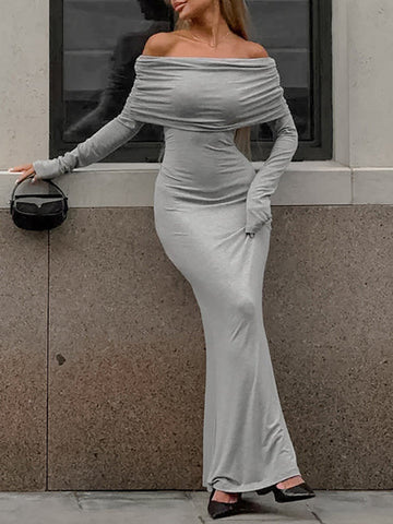 Long Sleeves Skinny Pleated Solid Color Split-Joint Off-The-Shoulder Evening Dresses Maxi Dresses
