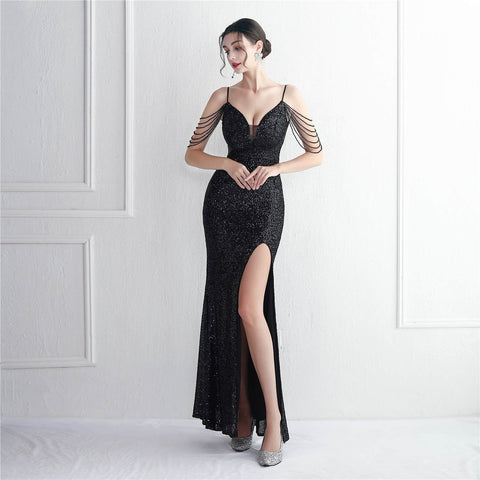 Sequin Beading Sling Party Sequined Dress Long Banquet Slim Fit Evening Dress Elegant