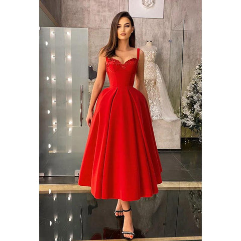 Vestido de noche de graduación midi de satén con volantes y escote en forma de A