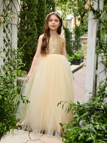 Ball-Gown/Princess Tulle Floor-length Champagne Flower Girl Dress