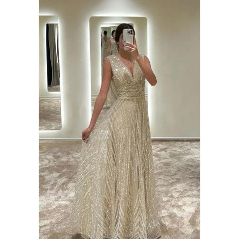 Vestido de noche largo de fiesta con escote en V, lentejuelas y cuentas fruncidas, corte A