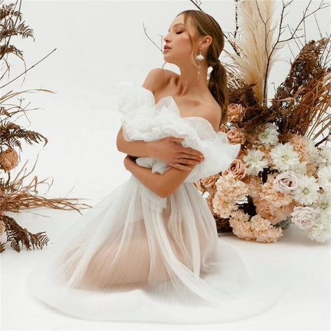 One-shoulder wrinkle perspective tulle pregnant women off-the-shoulder short-sleeved pregnant women photo evening dress
