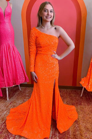 Robe de bal sirène à sequins, asymétrique, manches longues et fente.