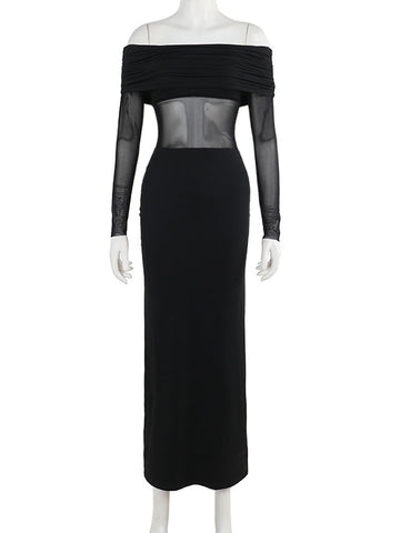Long Sleeves Skinny Pleated See-Through Solid Color Split-Joint Off-The-Shoulder Evening Dresses Maxi Dresses