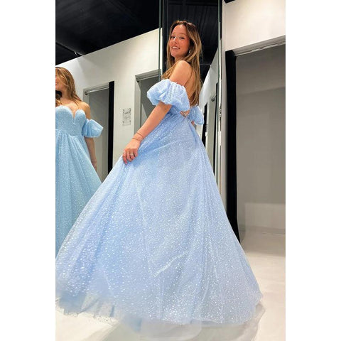 Vestido de fiesta glamuroso y dramático con corte A, hombros descubiertos, mangas cortas, abertura lateral y brillante