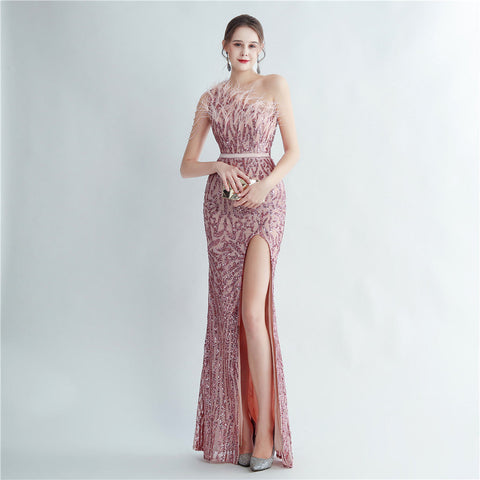 Heavy Industry Ostrich Hair Craft Beading Evening Dress with Side Slit