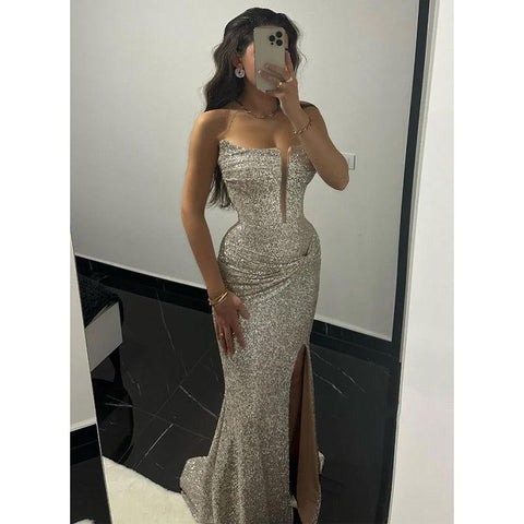 Robe de bal longue fourreau scintillante sans bretelles avec robes de soirée fendues 