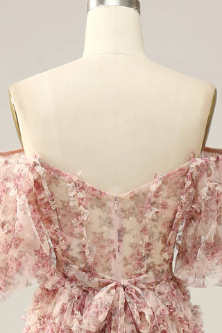 Gorgeous A Line Off the Shoulder Pink Floral Printed Corset Prom Dress with Sweep Train