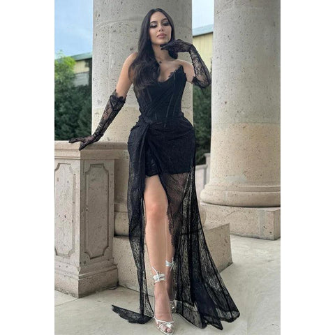 Vestido de fiesta de noche sin mangas con escote en V y apliques de encaje bordado sexy y atractivo