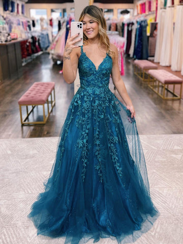 A Line Ink Blue Glitter Tulle Lace Prom Dress