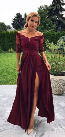 Robe de bal longue bordeaux en dentelle à manches courtes et fente