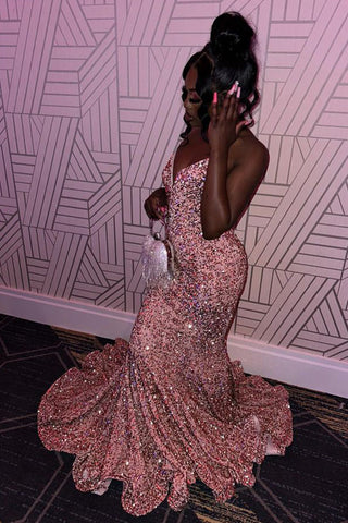 Mermaid Fuchsia Sequins Long Prom Dress