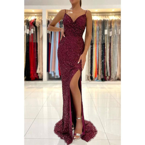 Robe de bal sirène à bretelles spaghetti et paillettes bordeaux pour femme 