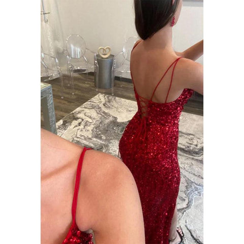 Vestido de fiesta con tirantes finos, escote en V, lentejuelas rojas brillantes y abertura 