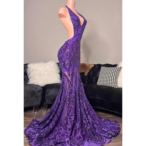 Vestido de fiesta de corte trompeta/sirena, escote en V, apliques de lentejuelas, espalda descubierta y sin mangas