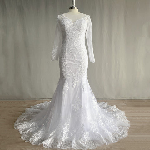 Gorgeous Lace Long Sleeve Mermaid Wedding Dresses Tulle Bridal Gown For Women Cathedral Train V-Neck Appliques Button Back