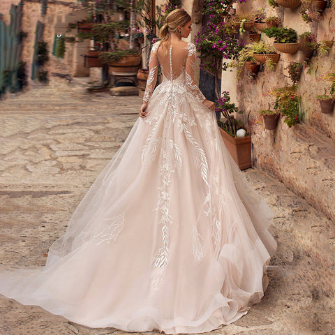 Sexy V-Neck Applique Wedding Dress Lace 2023 Illusion Long Sleeve A-Line Princess Bride Dress Bohemia Vestido De Noiva Women's