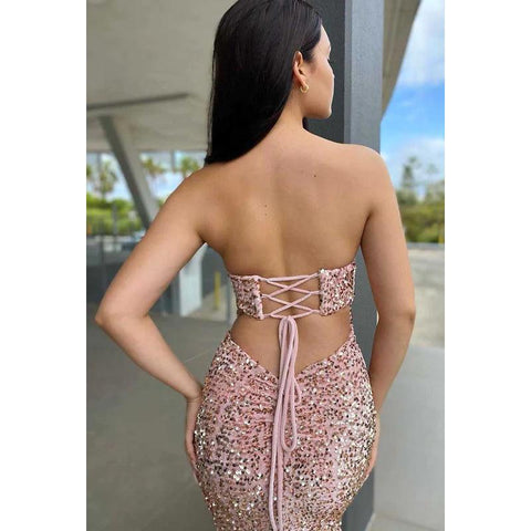 Vestido de fiesta largo con escote en forma de corazón, sin tirantes, con lentejuelas y abertura en el muslo