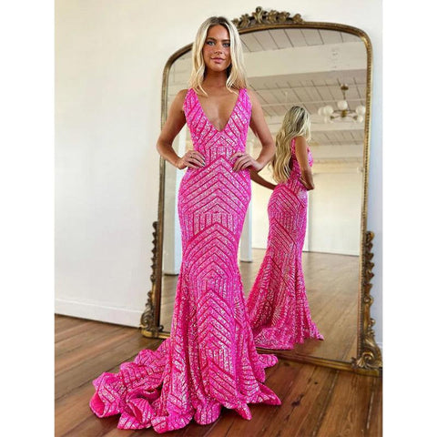 Vestido de fiesta de sirena con lentejuelas y escote en V sexy y purpurina 