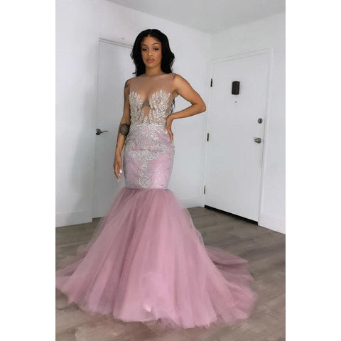Robe de soirée longue sirène en tulle transparent avec appliques à paillettes