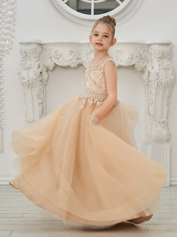 Ball-Gown/Princess Tulle Sweep Train Champagne Flower Girl Dress