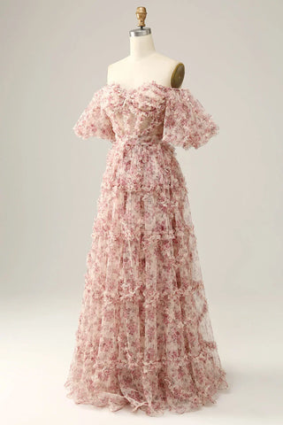 Gorgeous A Line Off the Shoulder Pink Floral Printed Corset Prom Dress with Sweep Train