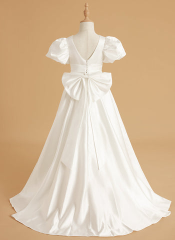 Puff Sleeve Bow Button Back Sweep Train Flower Girl Dress