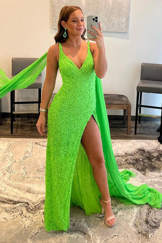 Watteau Train Sequins Long Prom Dress