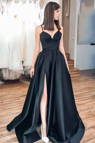 A Line Spaghetti Straps Black Long Prom Dress with Silt