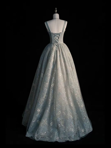 Robe de bal longue en tulle et dentelle vert sauge, coupe trapèze, Y7544