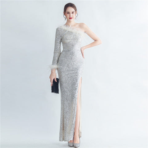 Craft Ostrich Feather Diagonal Shoulder Roman Collar Evening Dress