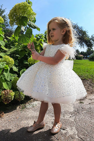 Lovely Sequins Cap Sleeve Flower Girl Dress With Feather