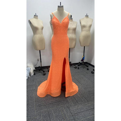 Vestido de fiesta brillante con lentejuelas, escote en V y tirantes finos