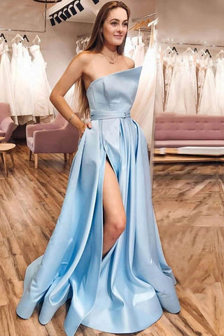 A Line Strapless Blue Long Prom Dress with Slit