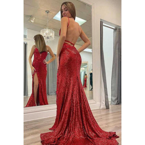 Robe de bal longue à bretelles spaghetti et décolleté en V profond, ornée de paillettes appliquées