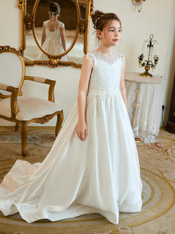 Ball-Gown/Princess Satin Sweep Train First Communion Flower Girl Dress