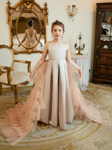 A-line Satin Tulle Sweep Train Champagne Dress (010225319)