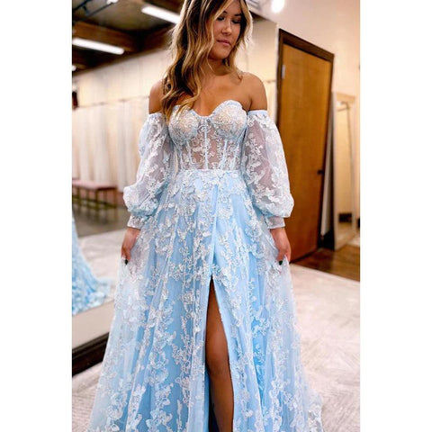 Vestido de fiesta formal glamuroso, dramático, sin mangas, con escote en forma de A, abertura y apliques