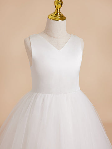 Classic White A-line Sleeveless Satin and Tulle Flower Girl Dress